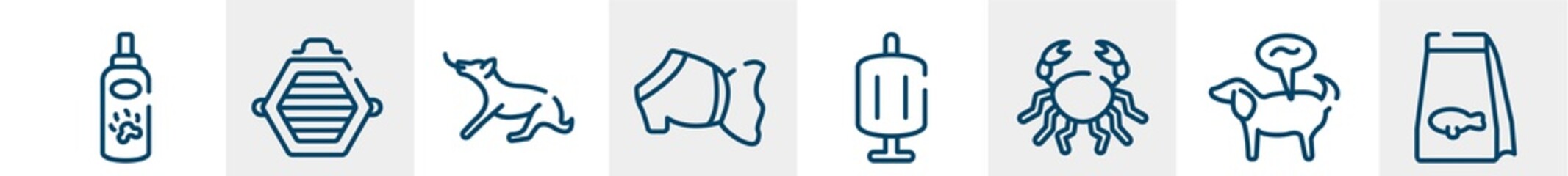 pet shop line icons such as pet lotion, cat box, dog playing, pet dress, sponge filter, fish food outline vector sign. symbol, logo illustration. linear style icons set. pixel perfect vector
