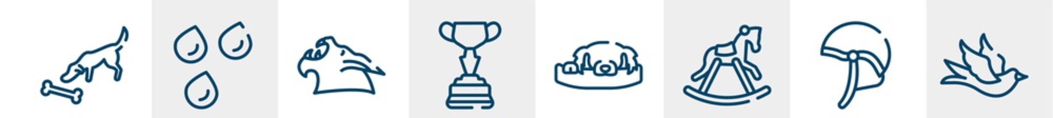 birds pack line icons such as dog smelling a bone, raindrops, werewolf, horses races trophy, dog resting, black bird outline vector sign. symbol, logo illustration. linear style icons set. pixel