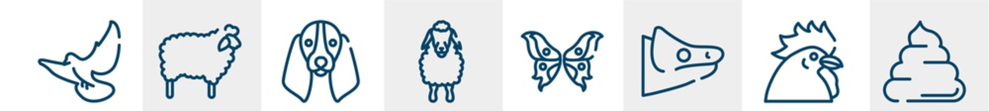 woof woof line icons such as flying dove, sheep with wool, basset hound dog head, sheep front view, butterfly wings, pile of dung outline vector sign. symbol, logo illustration. linear style icons