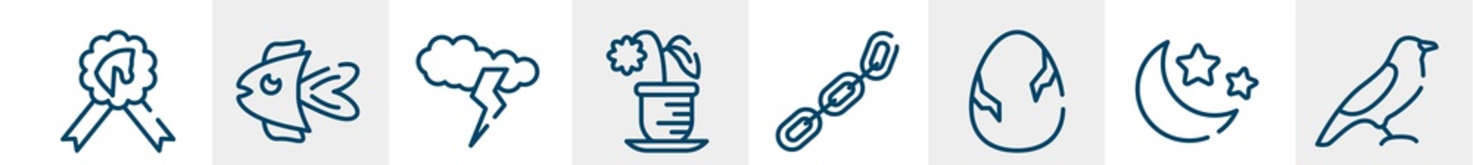 birds pack line icons such as null, fish, cloud and lightnings, flower pot, chains, bird of black feathers outline vector sign. symbol, logo illustration. linear style icons set. pixel perfect