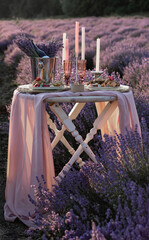 Vertical image of a dinner table in a lavender field.
