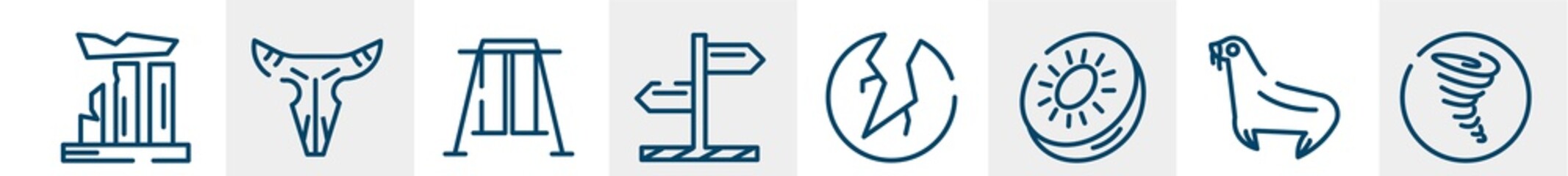 wildlife line icons such as relics, bull skull, swing, direction, crack, tornado outline vector sign. symbol, logo illustration. linear style icons set. pixel perfect vector graphics.
