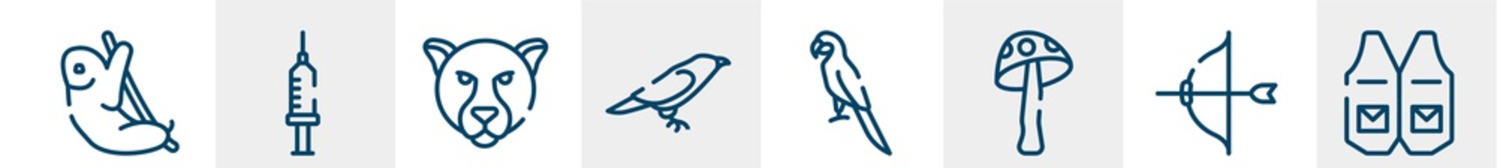 wildlife line icons such as sloth, syringe, jaguar, crow, parrot, waistcoat outline vector sign. symbol, logo illustration. linear style icons set. pixel perfect vector graphics.