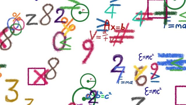 Variety of math equations , symbols  falling down screen .  Hand painted colorful numerals , mathemtical signs . Computer animation