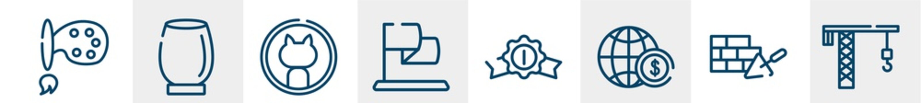 line icons such as paint, cup, github, finish, badge, crane outline vector sign. symbol, logo illustration. linear style icons set. pixel perfect vector graphics.