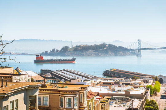 Beautiful panoramic view from the height of the Oakland Bay Bridge and the city. San Francisco, USA - 21 Apr 2021
