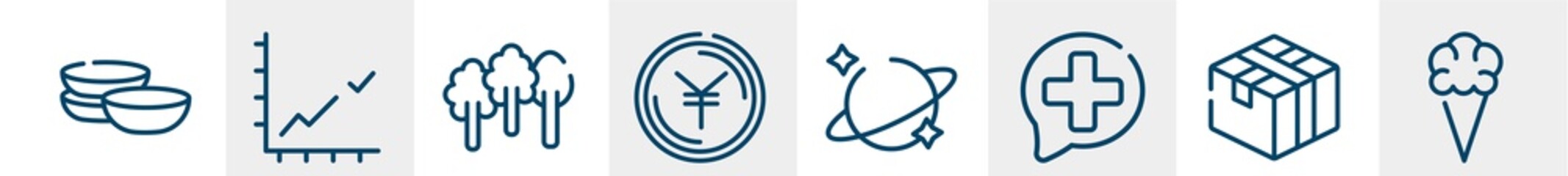 line icons such as dish, chart, forest, currency, space, ice cream outline vector sign. symbol, logo illustration. linear style icons set. pixel perfect vector graphics.