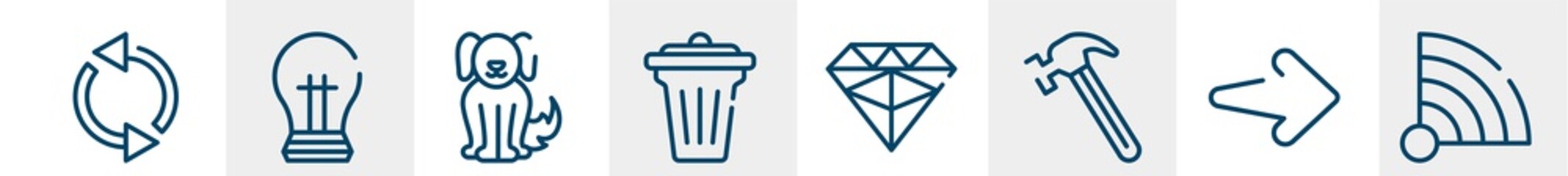 line icons such as recycle, tip, animals, bin, jewelry, feed outline vector sign. symbol, logo illustration. linear style icons set. pixel perfect vector graphics.