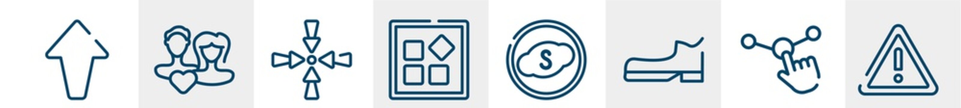 line icons such as arrow up, couple, point, apps, skype, danger outline vector sign. symbol, logo illustration. linear style icons set. pixel perfect vector graphics.