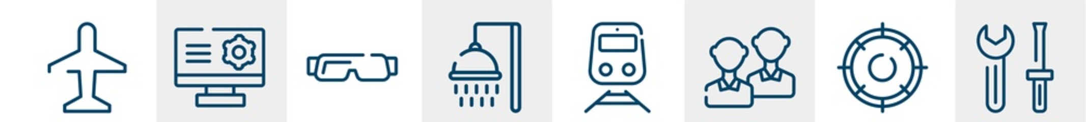 line icons such as airplane, software, vr, shower, train, tools outline vector sign. symbol, logo illustration. linear style icons set. pixel perfect vector graphics.
