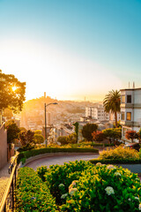 View of the beautiful Lombard Street during sunset in San Francisco