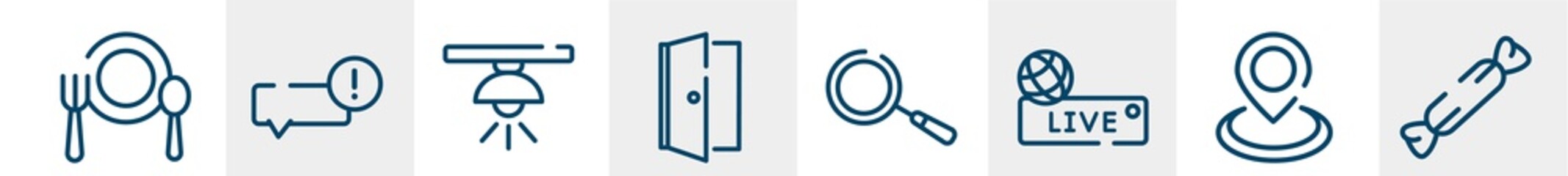 line icons such as eat, important, lamp, door, magnifier, candy outline vector sign. symbol, logo illustration. linear style icons set. pixel perfect vector graphics.