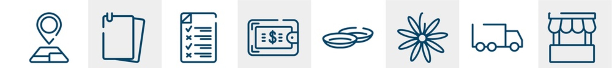 Obraz premium line icons such as gps, resume, test, wallet, plate, market outline vector sign. symbol, logo illustration. linear style icons set. pixel perfect vector graphics.