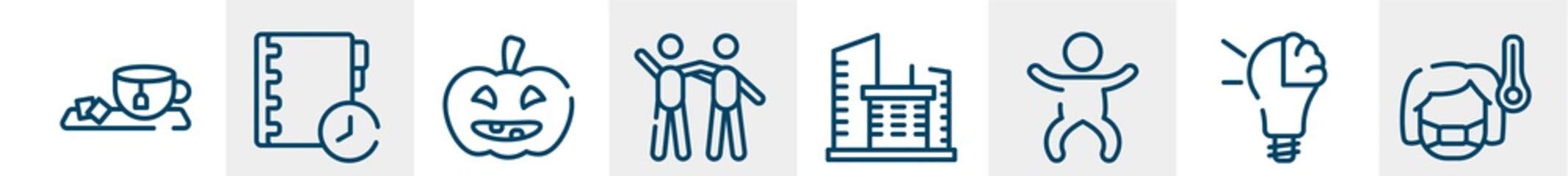 Obraz premium line icons such as tea, agenda, halloween, friendship, office building, sick outline vector sign. symbol, logo illustration. linear style icons set. pixel perfect vector graphics.