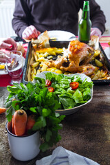 Grilled chicken and various vegetables on the wooden table. Selective Focus. Food Concept