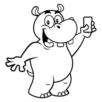 Black and white cartoon illustration of Funny Big and Fat Hippo taking self-portrait with its smartphone and go sharing to social media, best for coloring book of kids with communication technology