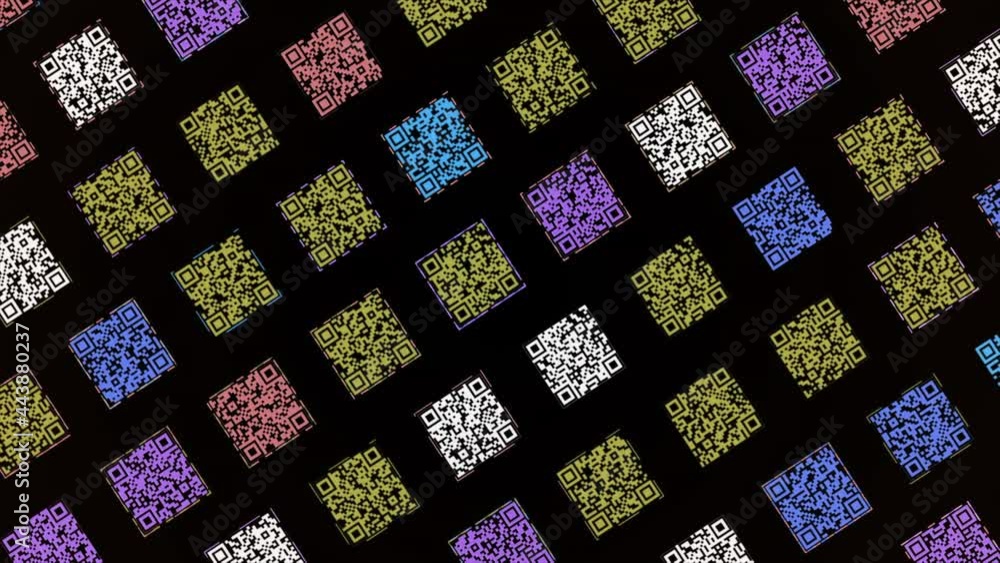 Poster colorful rows of small qr codes flowing one by one isolated on black background. animation. concept 