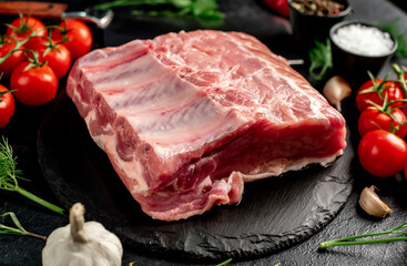 Raw whole pork steaks with ribs on stone background