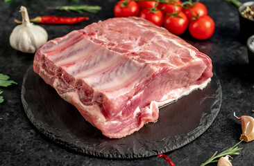 Raw whole pork steaks with ribs on stone background