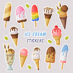 Ice Cream and Popsicle Stickers Set, Sweet Tasty Colorful Cold Desserts Labels Cartoon Vector Illustration