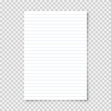 Realistic blank lined paper sheet in A4 format on transparent background. Notebook page, document. Design template or mockup. Vector illustration.