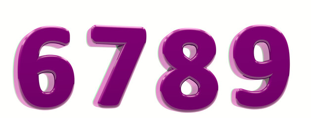 Purple alphabet. Numbers 6, 7, 8, 9 in 3d render. White background.  Path save. 