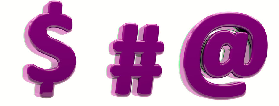 Purple alphabet. Dollar sign, hashtag, arroba  in 3d render. White background.  Path save. 