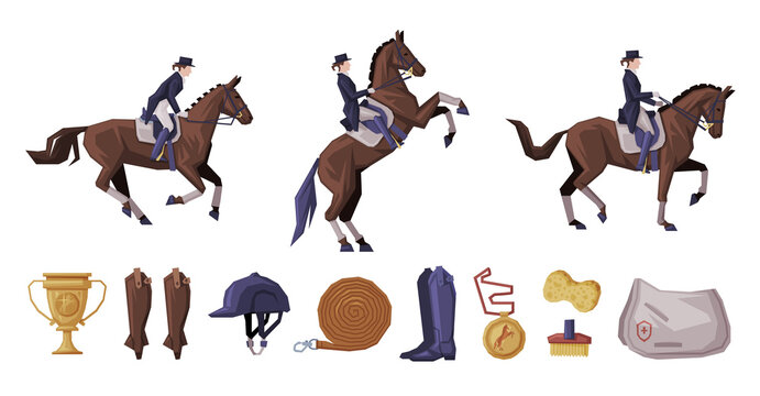 People Riding Horses Set, Equestrian Sport Equipment, Horse Riding Essentials and Grooming Tools Vector Illustration