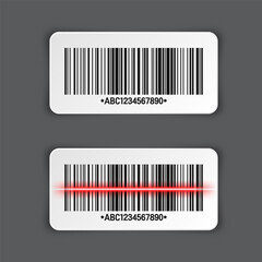 Realistic barcode sticker on gray background. Identification tracking code. Serial number, product ID with digital information. Store or supermarket scan labels, price tag. Vector illustration.