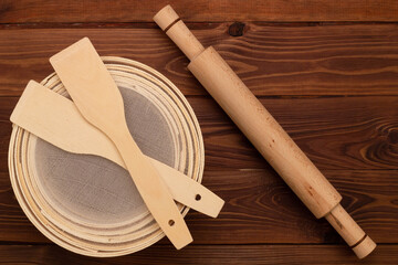 Antique traditional flour sieve, made from beech wood and fine wire mesh, dough rolling pin and...