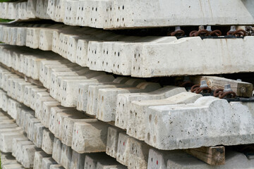  new concrete railroad sleepers at the storage yard of a construction site in Magdeburg in Germany