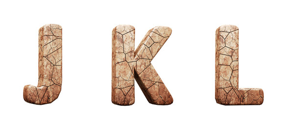 Dry land alphabet. Letters j, k, l in 3d render. White background. Path save.