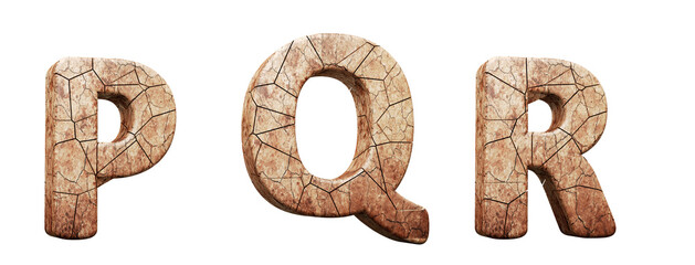 Dry land alphabet. Letters p, q, r in 3d render. White background. Path save.