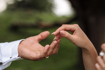 The bride and groom hold hands