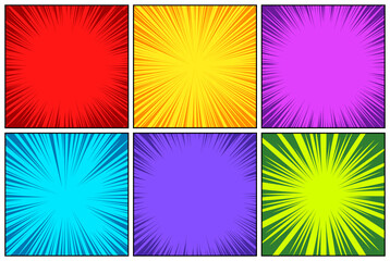 Comic book colorful radial lines collection. Cartoon comics background with motion, speed lines. Retro Pop Art style. Vector illustration.