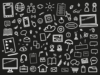 Set of hand drawn abstract signs and symbols. Freehand black elements on white. Education concept