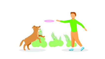 Obraz na płótnie Canvas Abstract Flat Man Play With Dog Cartoon People Character Concept Illustration Vector Design Style In A Public Park Outdoor With Bush And Plants Relax Enjoying Recreational