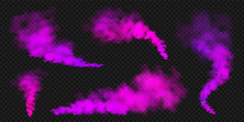 Fototapeta na wymiar Realistic purple colorful smoke clouds, mist effect. Colored fog on dark background. Vapor in air, steam flow. Vector illustration.