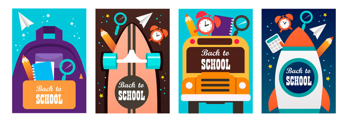 Back to school banners. Set of colorful templates for banners, posters, flyers, covers, invitations, brochures. Vector cartoon illustration. Back to school design.	
Backpack, skateboard, school bus. 