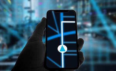 Smartphone mit fiktiver Navigation-App in der Hand einer Person welche durch eine Großstadt geht,...