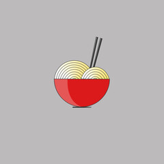 A red bowl with noodles and black chopsticks on a gray background. Asian ramen, fast food. Vector graphics. The icon for the menu.