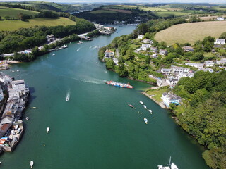 Fowey harbour near polruan cornwall England uk aerial drone