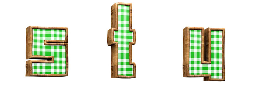 Green plaid alphabet. Letters s, t, u in 3d render. Rustic party. White background. Path save. Lowercase letters