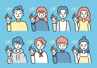 OKサインをする様々な男女のイラストセット