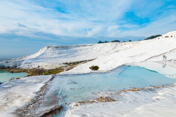 View of the travertines, Pamukkale, Turkey. A popular destination for tourism