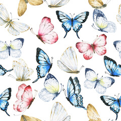 Watercolor seamless pattern with butterflies, repeating background. Watercolour illustration.
