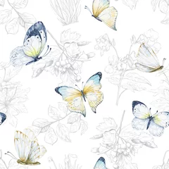 Schilderijen op glas Watercolor seamless pattern with butterflies and florals, repeating background. Watercolour illustration. © Ann Lou
