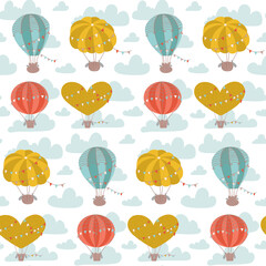 Cartoon flat seamless pattern with hot air balloons, flags and clouds. Cute vector background for kids.