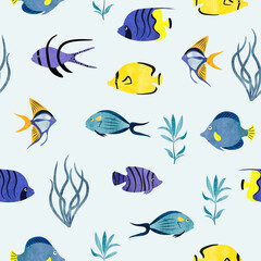 Fototapeta premium Seamless watercolor sea fish pattern. Underwater background. Hand drawn seaweeds and fish 