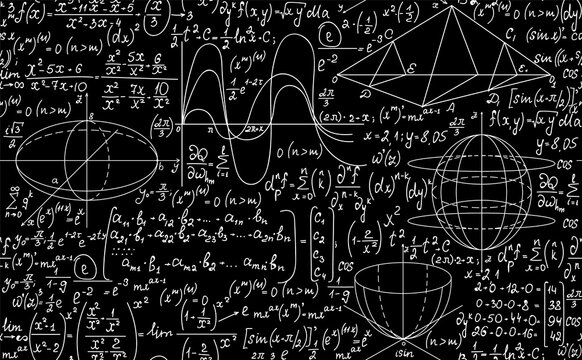Math vector seamless with handwritten formulas, figures, calculations	
